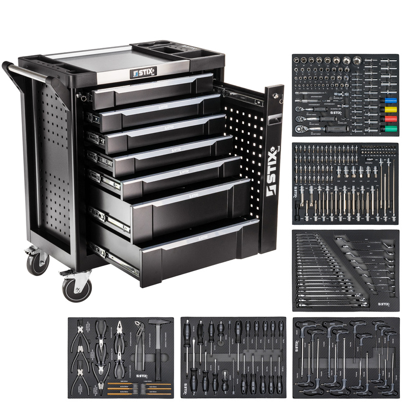 Werkzeugschrank / Werkstattwagen mit 7 Schubladen, ausziehbarem Seitenschrank + Werkzeugsatz – UltimatePro B7/TS1 – Stix