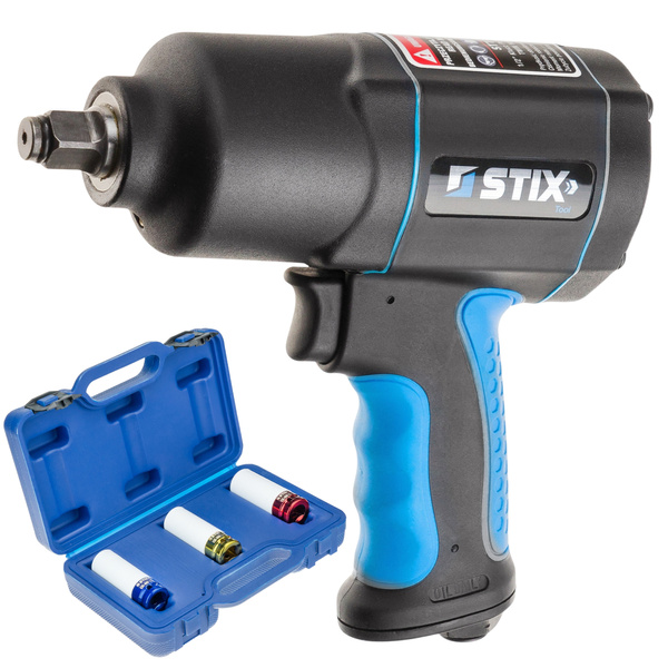 Pneumatic Impact Wrench 1900 Nm 1/2" STIX STT-19 Composite + Long CR-MO Impact Sockets 17/19/21 mm for Alloy Wheels in Case (3-piece set)