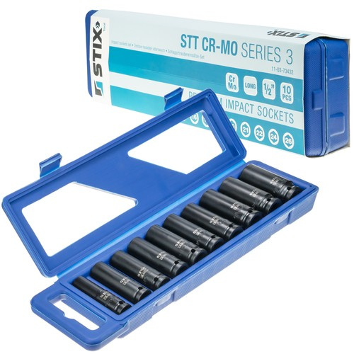 1/2"-Schlagschraubendreher-Einsätze, lang, 10-teiliges Set im Koffer (13, 15, 16, 17, 18, 19, 21, 22, 24, 26) STT CR-MO SERIES 3 – Stix Tool