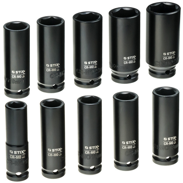 1/2"-Schlagschraubendreher-Einsätze, lang, 10-teiliges Set im Koffer (13, 15, 16, 17, 18, 19, 21, 22, 24, 26) STT CR-MO SERIES 3 – Stix Tool