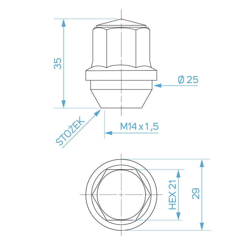Wheel Nuts for Aluminium Wheels, Ford Type – M14x1.5 / Zinc-Plated, Fixed Washer, Key Size 21 mm – Carbonado