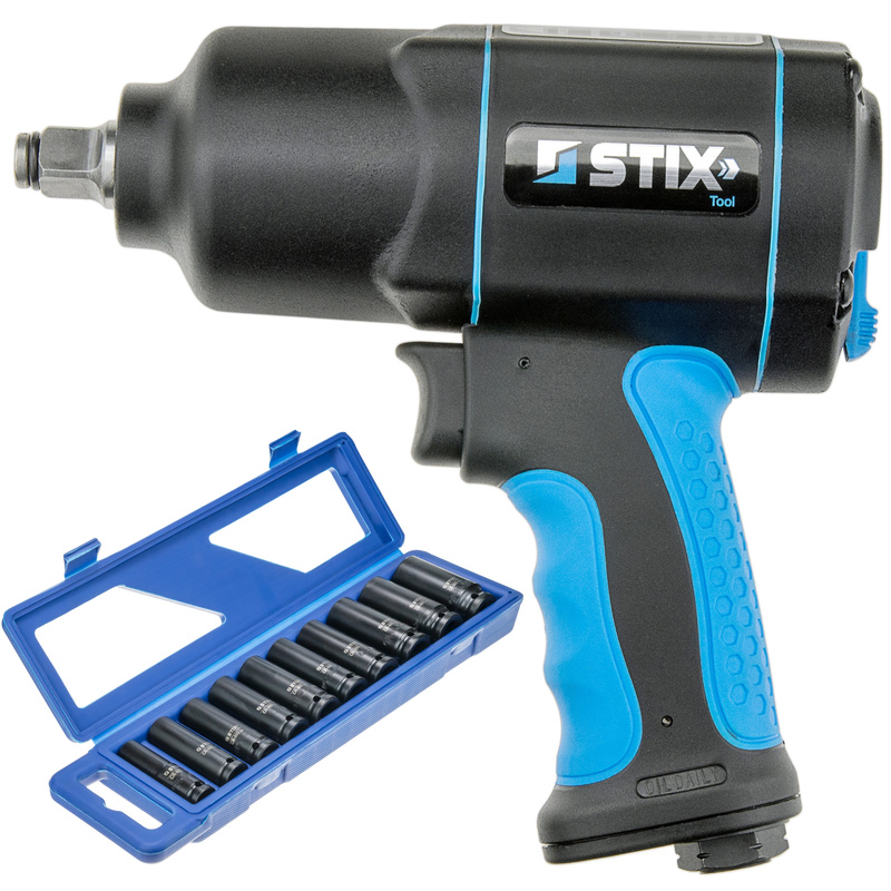 Pneumatic Impact Wrench 1900 Nm 1/2" STIX STT-19 Composite + Long CR-MO SERIES 3 Impact Sockets 13–26 mm (10-piece set) in Case