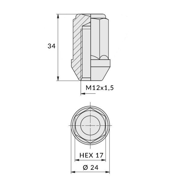 Nuts for aluminum rims, wheels - M12x1.5 / Zinc - (closed) key 17 / IS