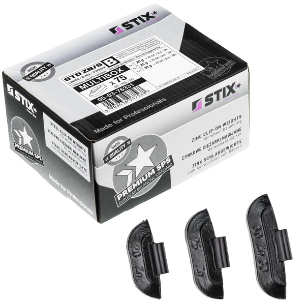 SCHWARZE Zink-Schlaggewichte ZN/S für Stahlfelgen – Multibox-Set 75 Stk. (20–30 g)