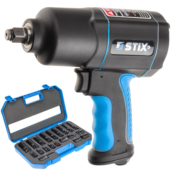 Pneumatic Impact Wrench 1900 Nm 1/2" STIX STT-19 Composite + Long and Short CR-MO SERIES 8 Impact Sockets 10–22 mm (20-piece set) in Case