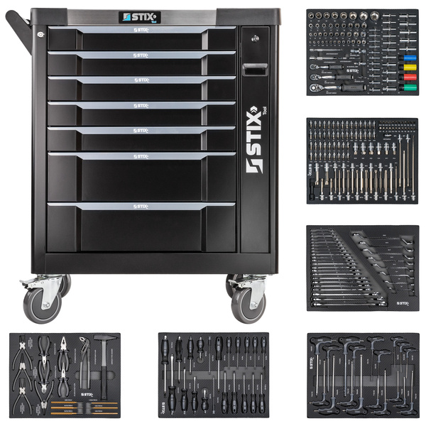 Werkzeugschrank / Werkstattwagen mit 7 Schubladen, ausziehbarem Seitenschrank + Werkzeugsatz – UltimatePro B7/TS1 – Stix