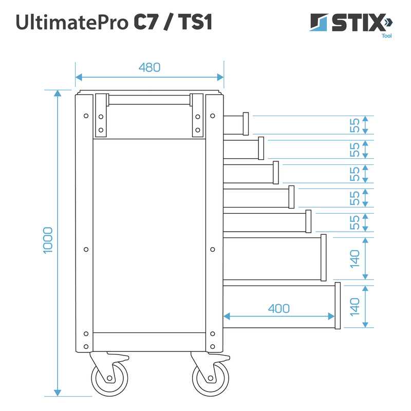 Werkstattschrank / Werkzeugwagen mit 7 Schubladen + Werkzeugsatz – UltimatePro C7/TS1 – Stix