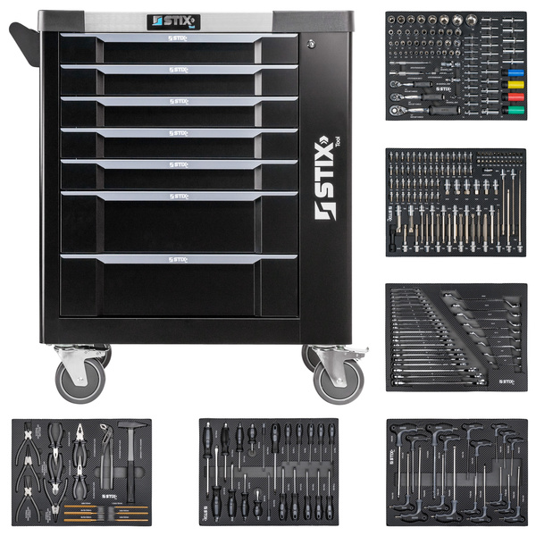Workshop cabinet / tool trolley with 7 drawers, side compartment + tool set – UltimatePro A7/TS1 – Stix