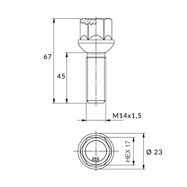 Black Wheel Bolt M14x1.50 45 mm - Key 17. Ball Seat