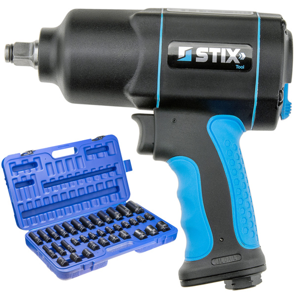 Klucz pneumatyczny udarowy 1700 Nm 1/2" STIX STT-17 kompozytowy + nasadki udarowe długie i krótkie CR-MO SERIES 10 8–32 mm (zestaw 35 szt.) w walizce