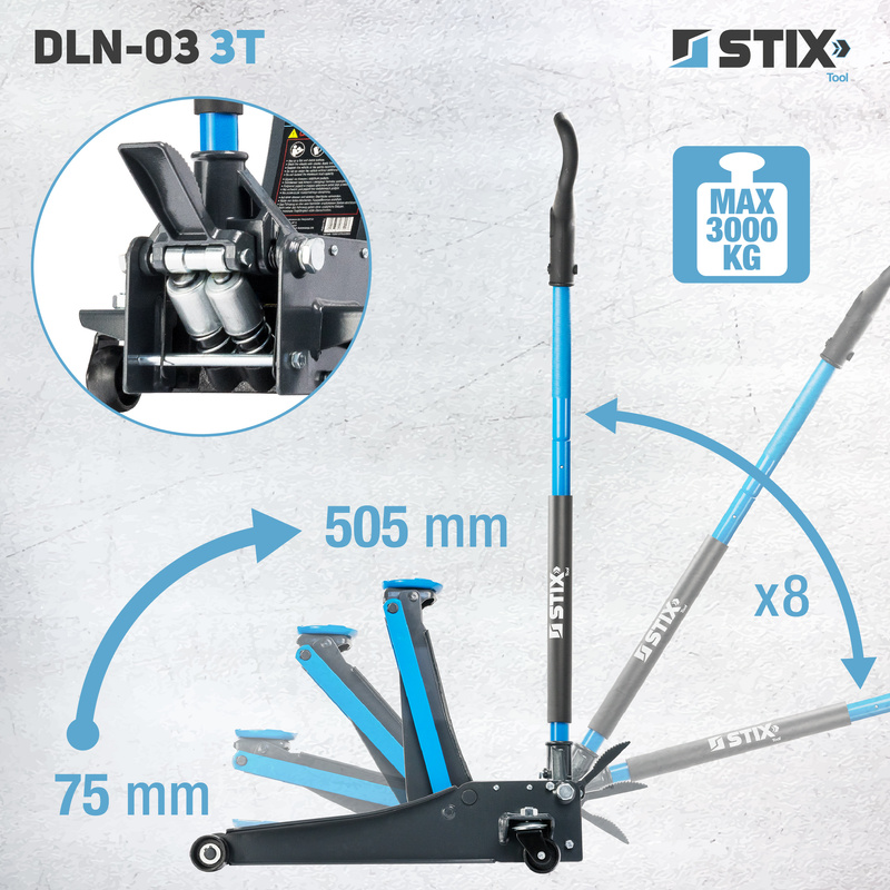 Hydraulischer Rangierwagenheber mit Pedal, Niedrigprofil, Hubhöhe 75–505 mm – DLN-03 3T – Stix