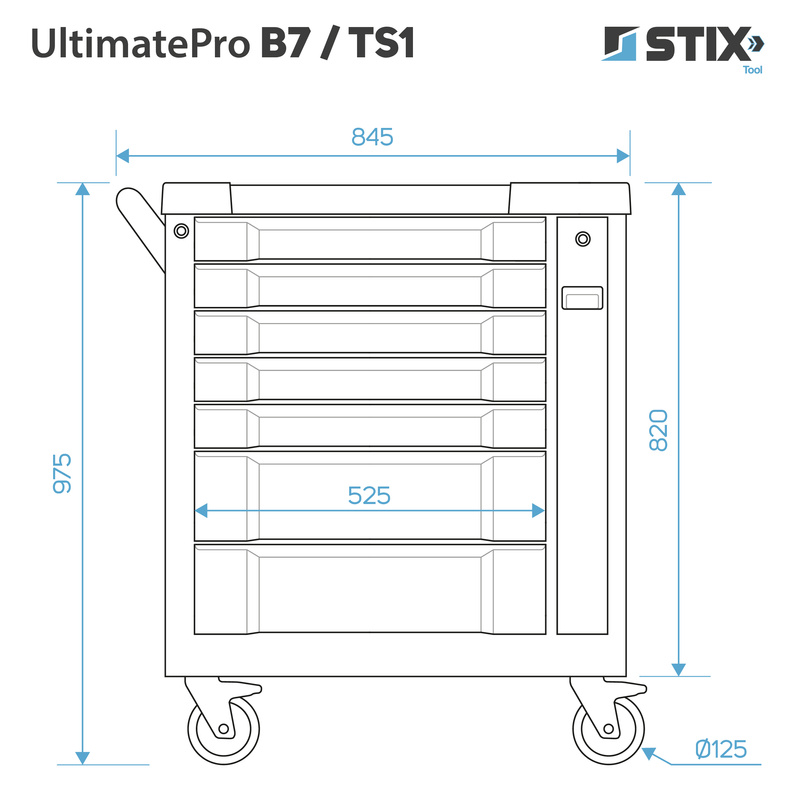 Werkzeugschrank / Werkstattwagen mit 7 Schubladen, ausziehbarem Seitenschrank + Werkzeugsatz – UltimatePro B7/TS1 – Stix