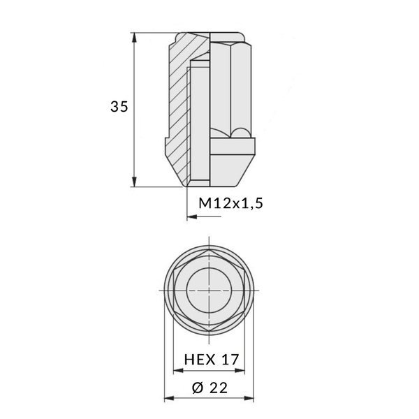 Black Caps für Leichtmetallräder, Räder - M12x1.5 - (geschlossen) für Schlüssel 17 - Carbonado