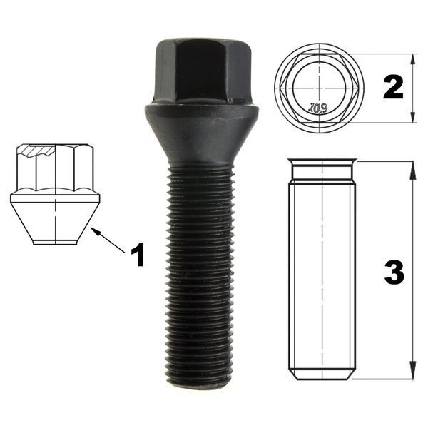Schwarz Felgenschraube M14x1.50 45 mm - Schlüssel 17. konisch