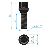 Black rim bolt M14x1.25 50 mm - key 17. cone