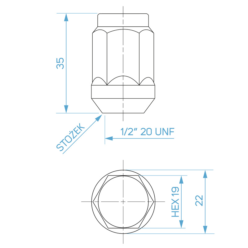 Czarne nakrętki do felg aluminiowych 1/2"-20 UNF zamknięte, klucz 19 - Carbonado