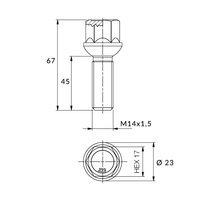 Black Wheel Bolt M14x1.50 45 mm - Key 17. Ball Seat
