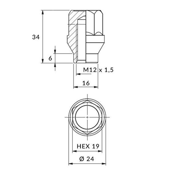 Nakrętki z prowadzeniem do felg, kół - M12x1,5 / Ocynk - (zamknięta z tuleją)