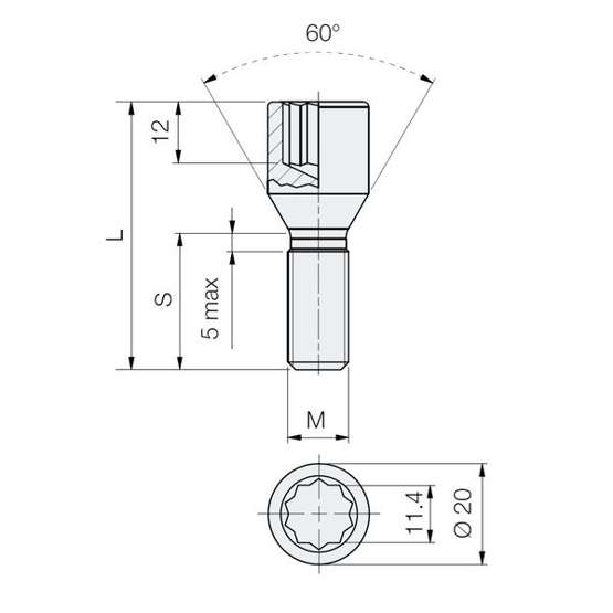 Śruba M12x1.25 / 36mm / do wąskich otw. / Torx - (ocynk) - Carbonado