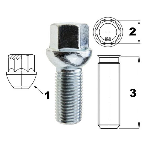 Śruba do felg / kół M14x1.50 kula / K17 – 30 mm